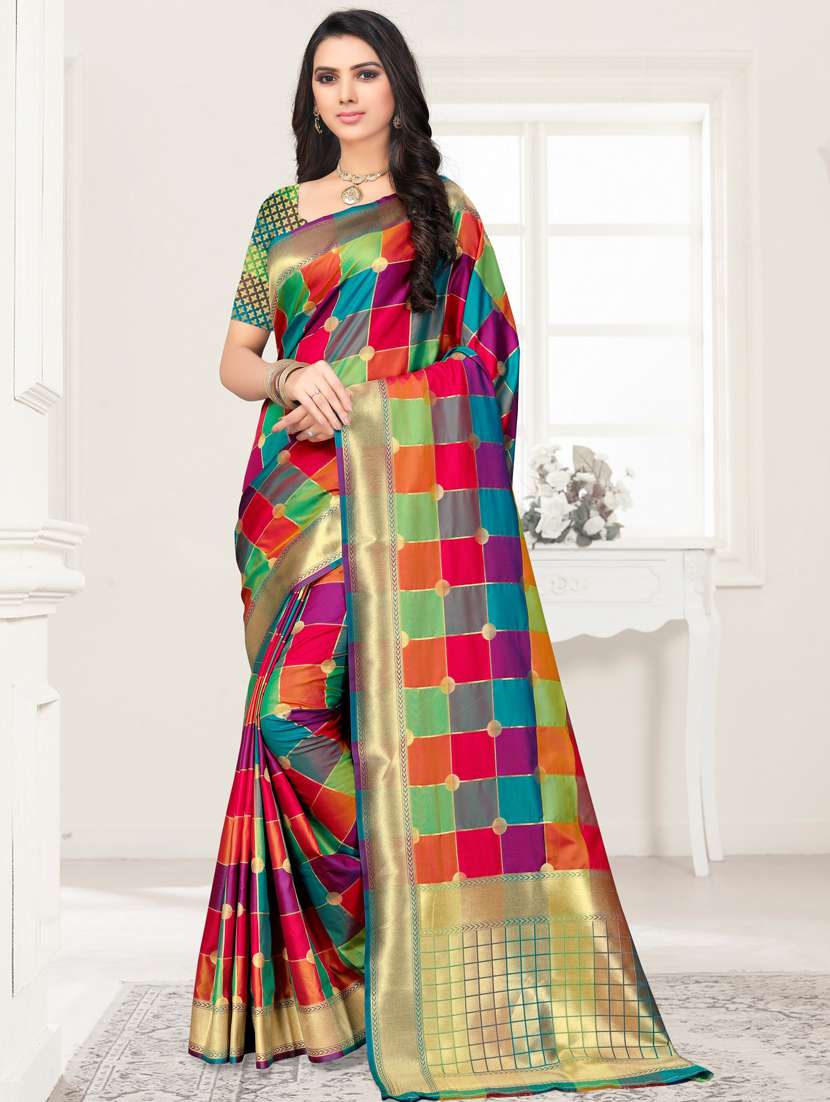 checkered bordered saree with blouse
