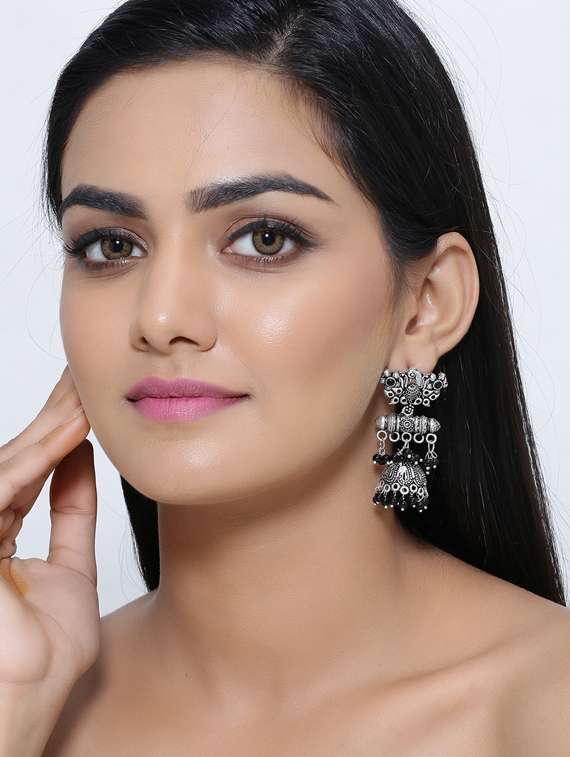 black silver plated jhumka earring - 17170467 -  Standard Image - 2