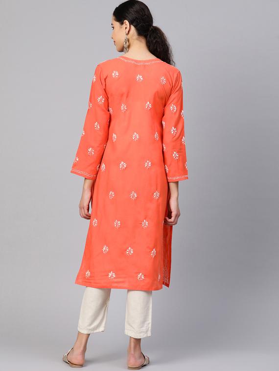 cotton knee length orange straight chikankari kurta for women - 17183838 - Standard Image - 2