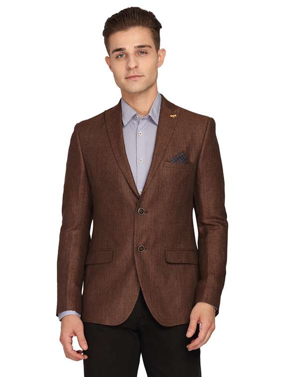 brown solid linen single breasted casual blazer