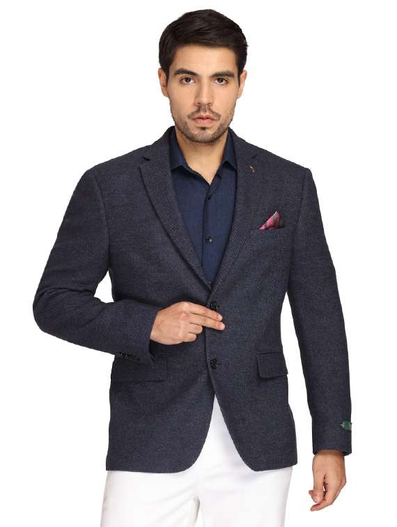 navy blue solid single breasted casual blazer