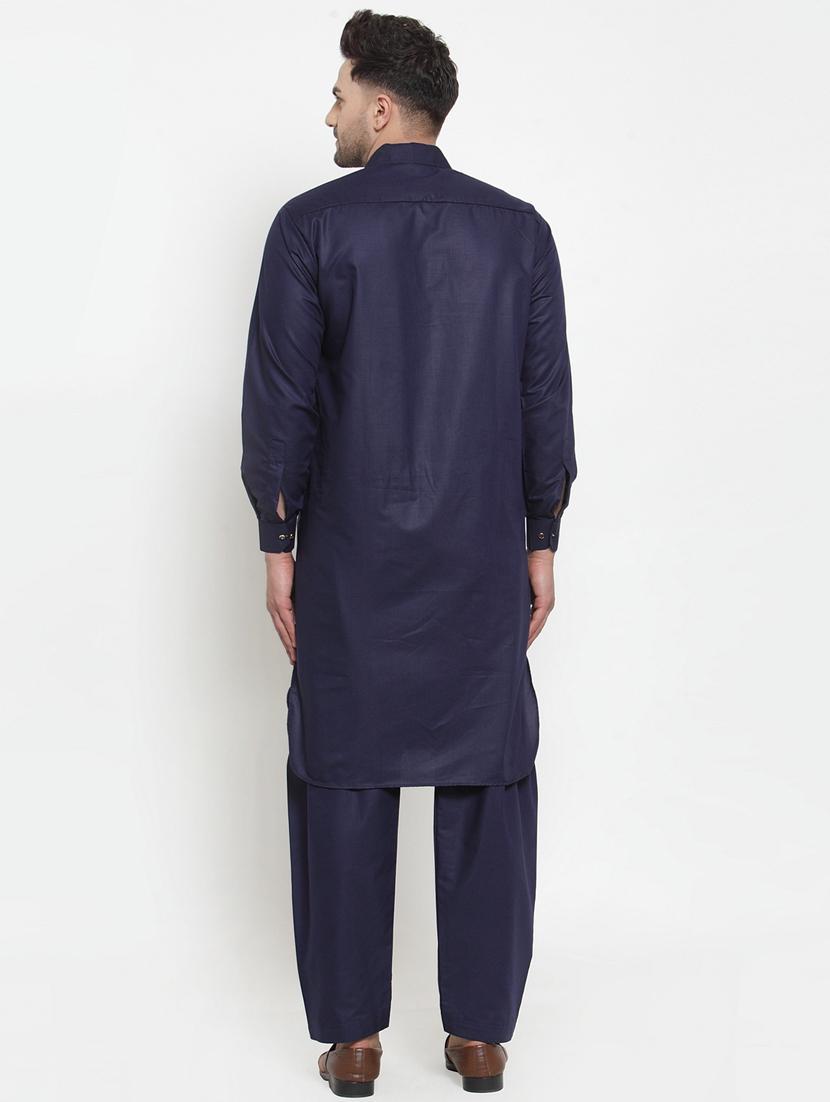 navy blue solid pathani set with embroidered neckline - 17192235 - Standard Image - 2