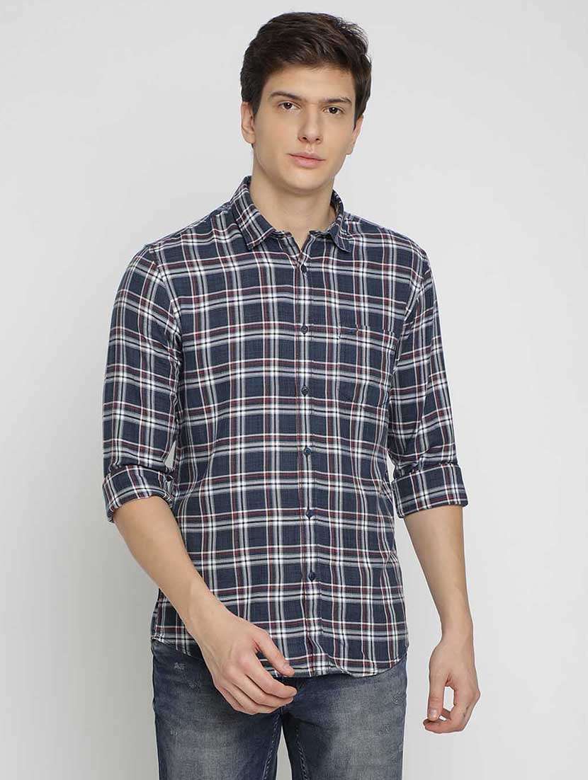 navy blue checkered casual shirt