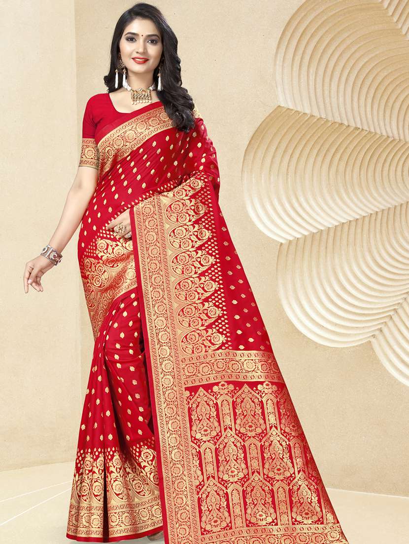 women's self design red colored saree with blouse