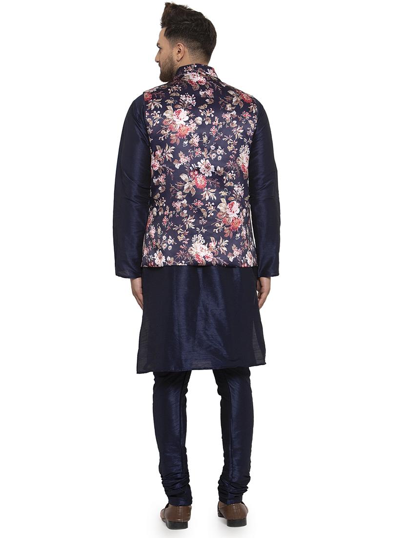 navy blue solid dupion kurta pyjama set with blue printed nehru jacket - 17205553 - Standard Image - 2