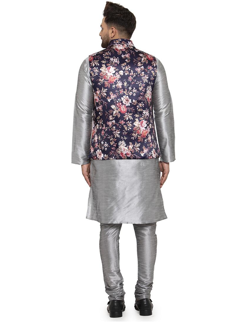grey solid dupion kurta pyjama set with navy blue printed nehru jacket - 17205555 - Standard Image - 2