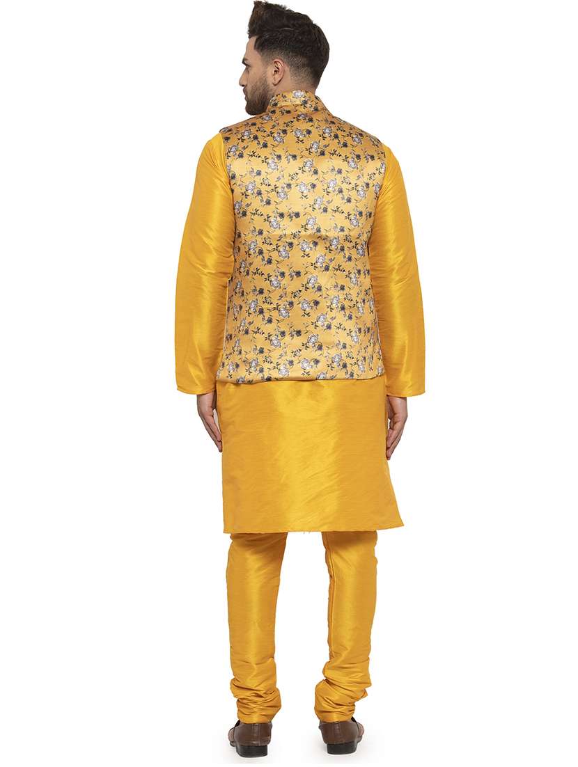 yellow solid dupion kurta pyjama set with mustard printed nehru jacket - 17205556 - Standard Image - 2