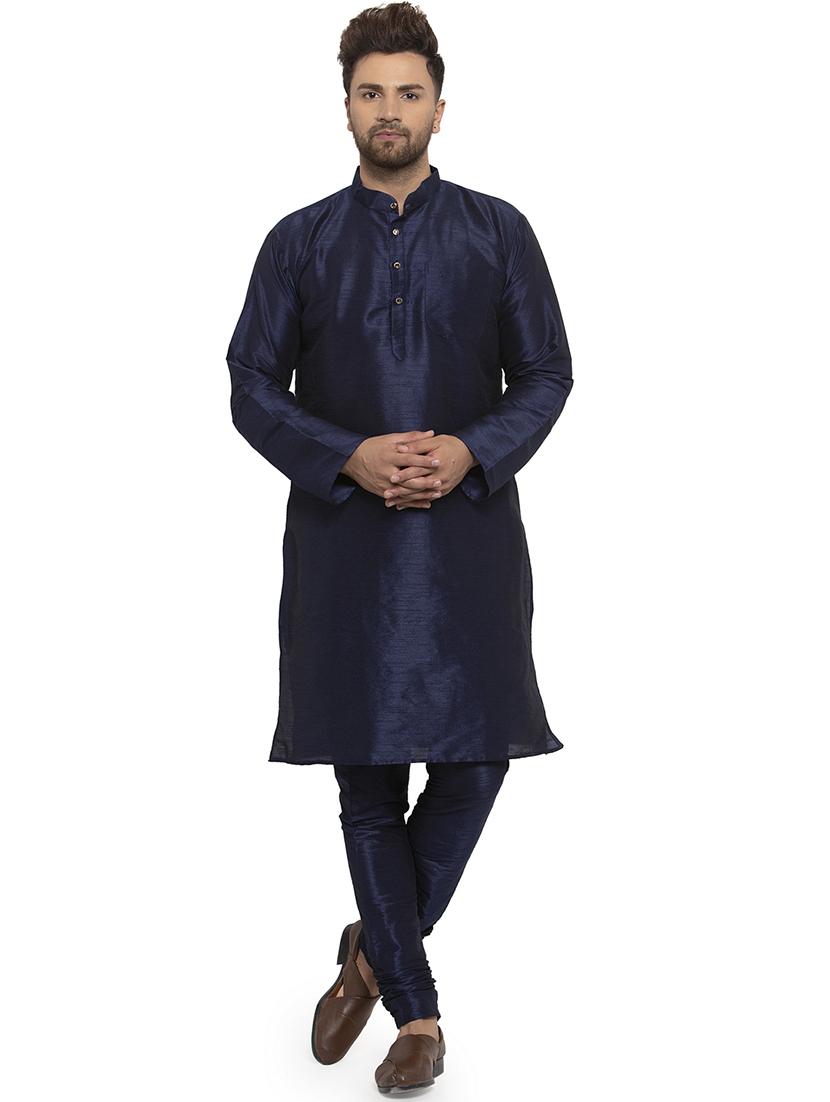navy blue solid dupion kurta pyjama set with printed nehru jacket - 17205573 - Standard Image - 2