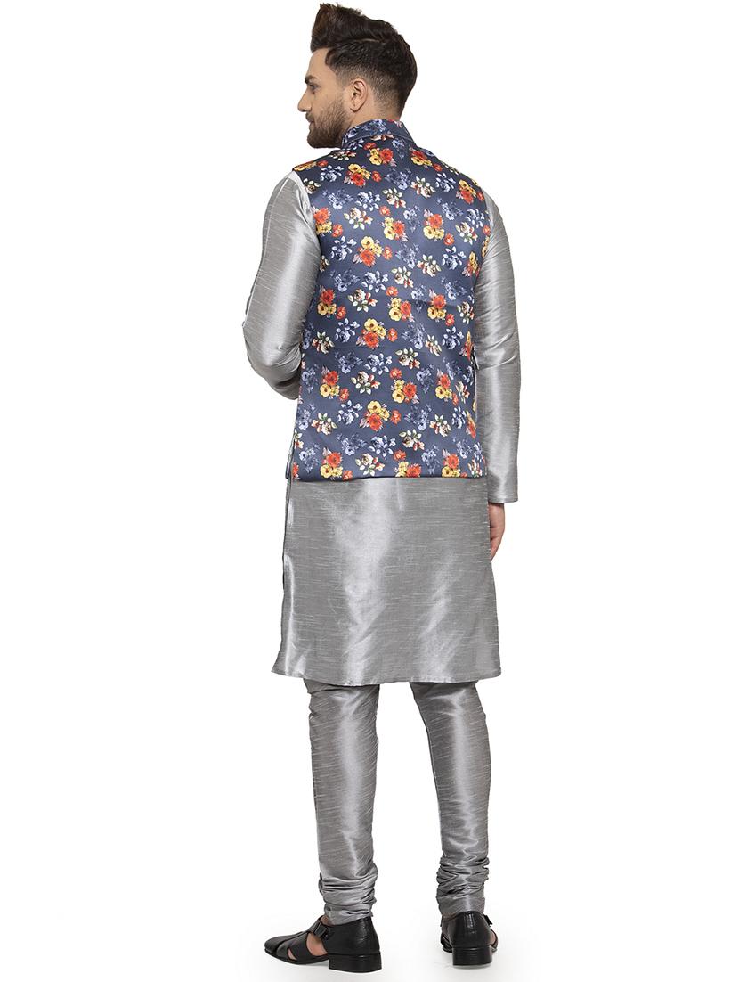 grey solid dupion kurta pyjama set with blue printed nehru jacket - 17205580 - Standard Image - 2