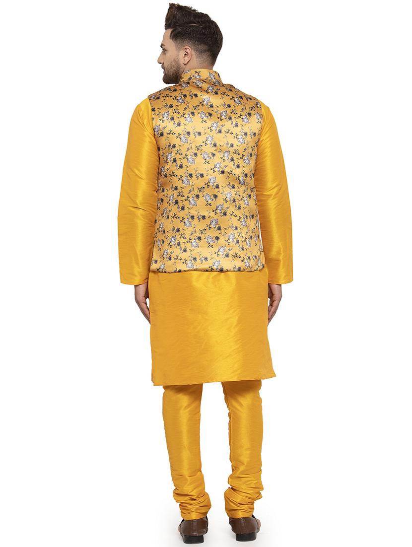 yellow solid dupion kurta pyjama set with yellow printed nehru jacket - 17205581 - Standard Image - 2