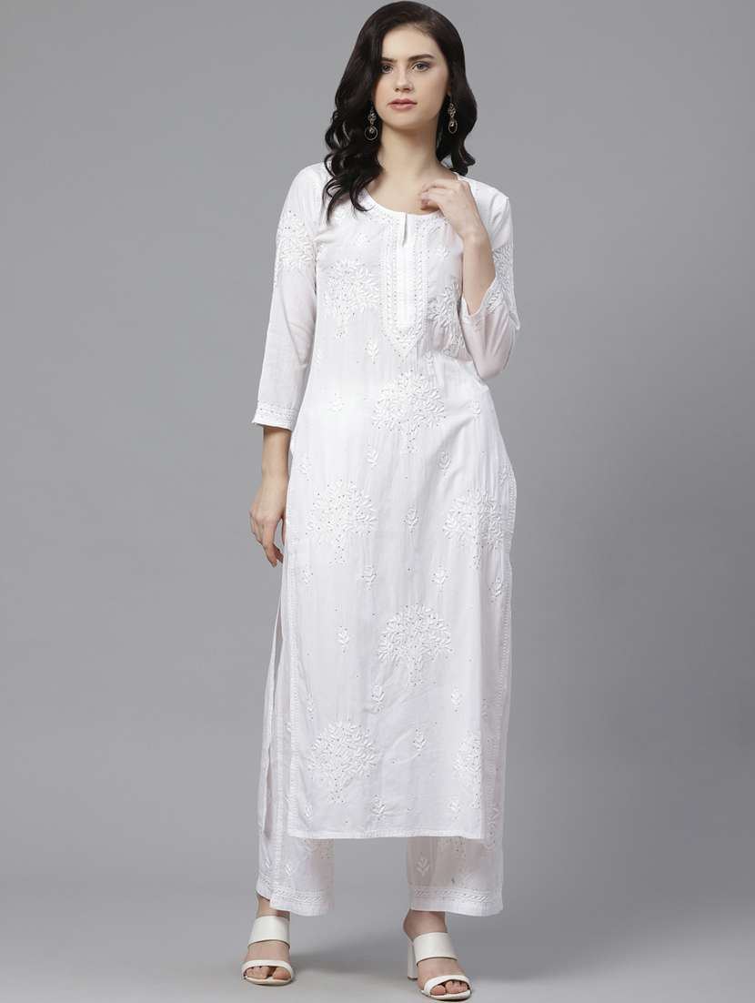 women chikankari three quarter sleeve kurta palazzo set
