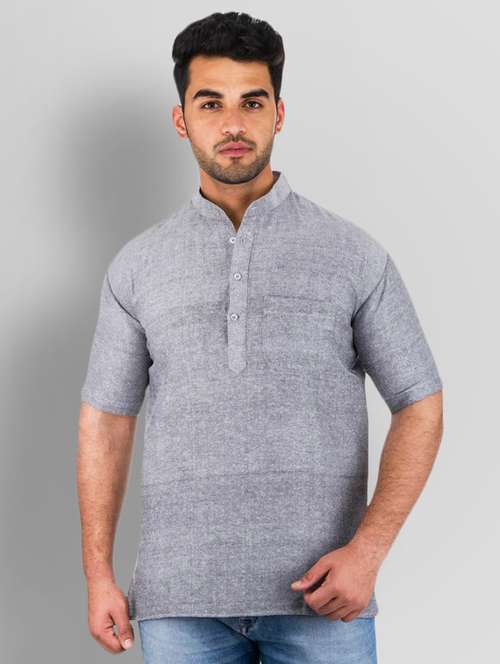 grey solid khadi cotton short kurta - 17207749 -  Standard Image - 0