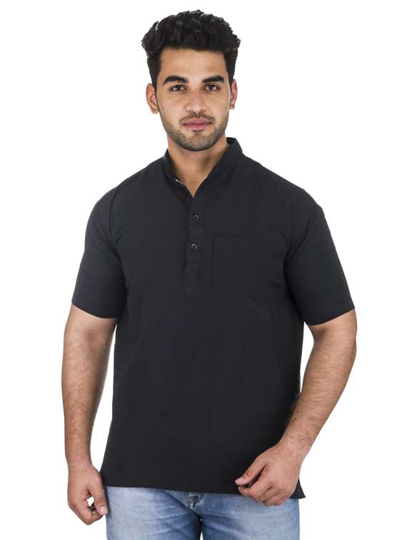 black solid khadi cotton short kurta