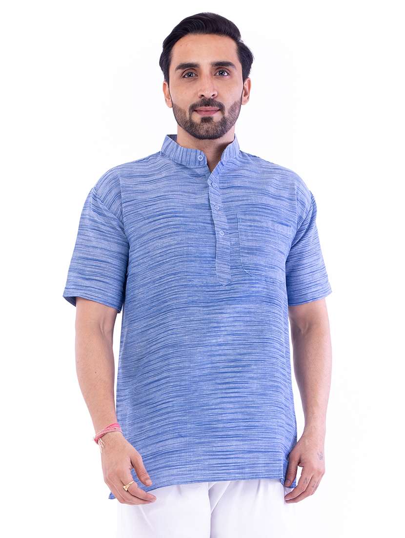 blue printed mandarin neck short kurta