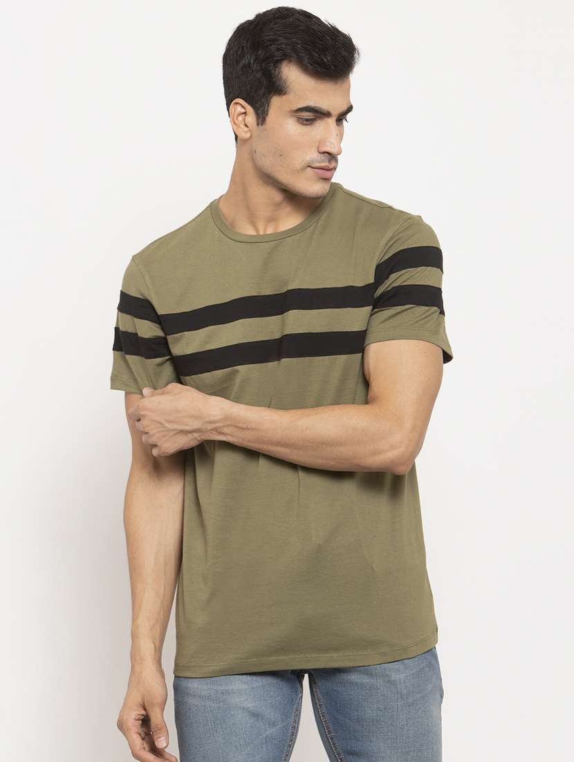 men olive round neck cut & sew t-shirt