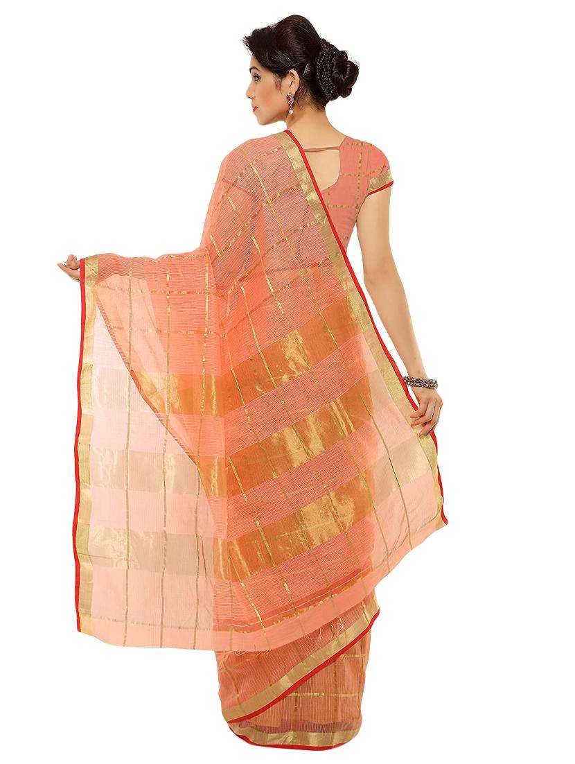 women's checks peach colored saree with blouse - 17210830 -  Standard Image - 2