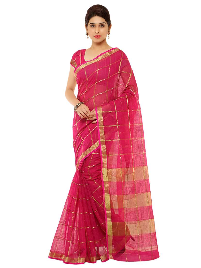 women's checks pink colored saree with blouse - 17210831 -  Zoom Image - 0
