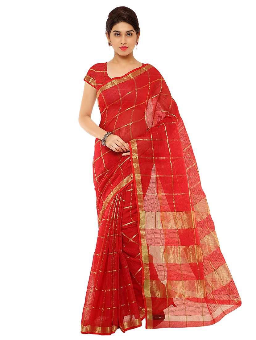 women's checks red colored saree with blouse - 17210832 - Zoom Image - 0