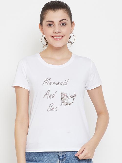 women's chest print round neck t-shirt - 17212643 -  Standard Image - 0