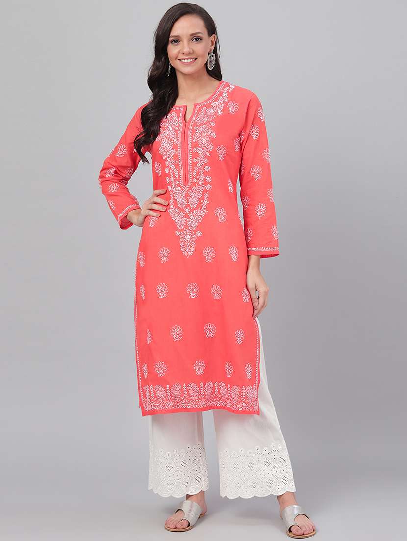 ada hand embroidered coral red cotton  chikankari straight  kurta 