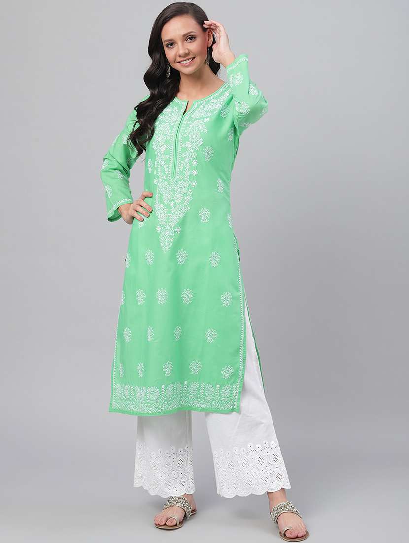 long green cotton chikankari lucknowi kurta for women - 17219223 - Zoom Image - 0