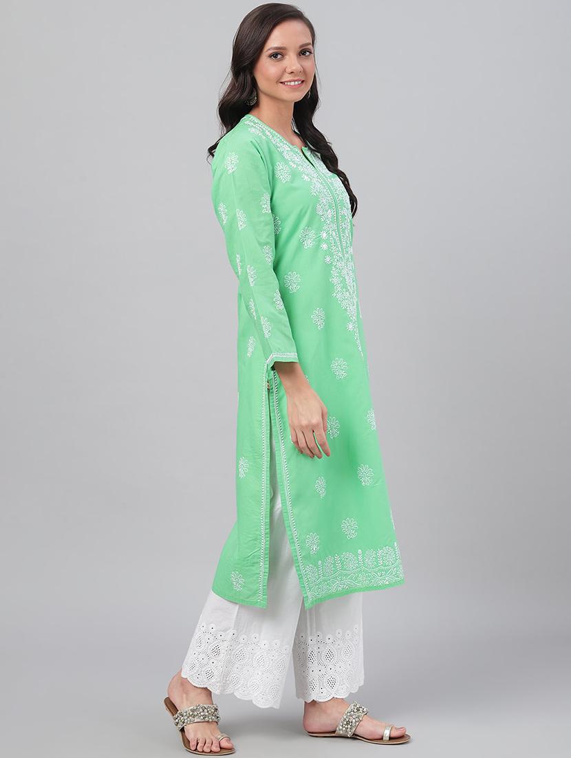 long green cotton chikankari lucknowi kurta for women - 17219223 - Standard Image - 2