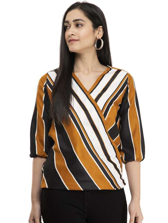 overlap neck striped top 