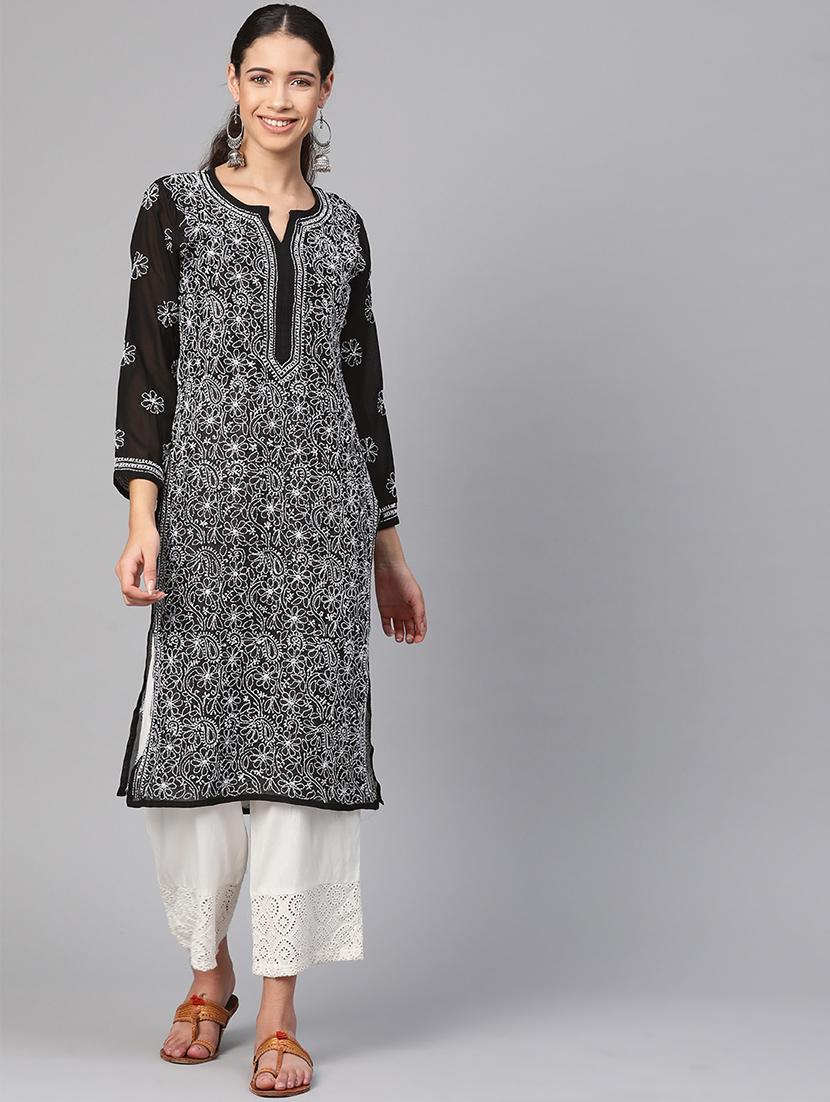 georgette black straight lucknowi chikan kurta - 17220735 - Zoom Image - 0