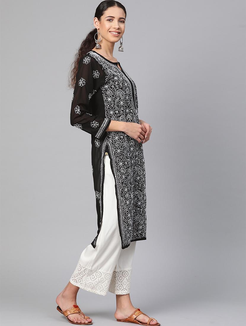 georgette black straight lucknowi chikan kurta - 17220735 - Standard Image - 2