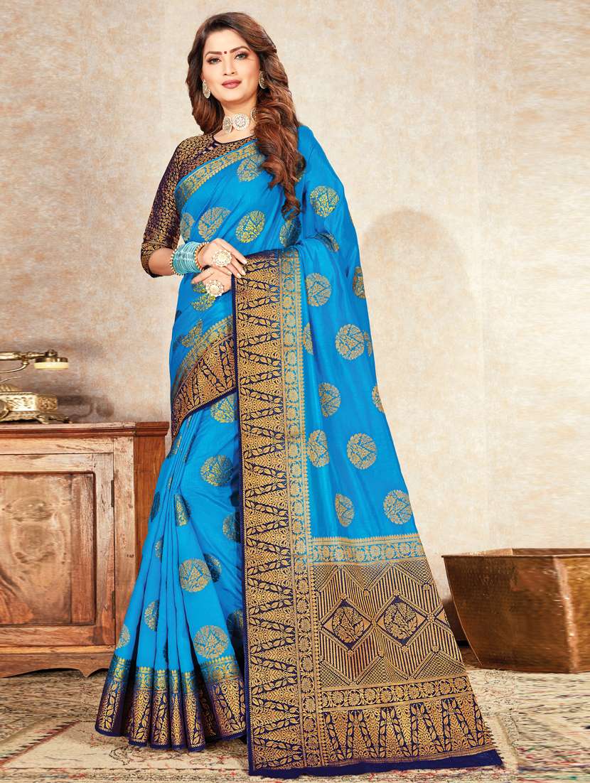 women's self design light blue colored saree with blouse