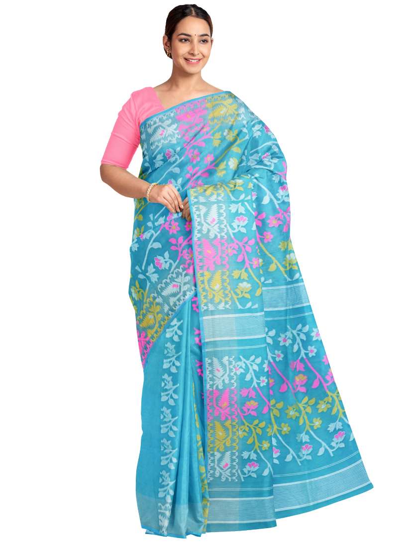 women's self design light blue colored saree