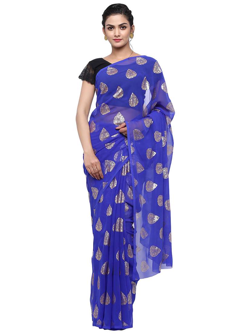 women's foil print royal blue colored saree with blouse