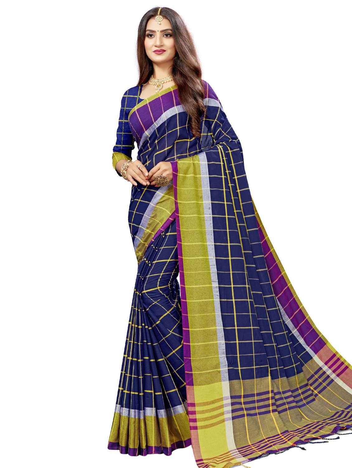 women's checks navy blue colored saree with blouse