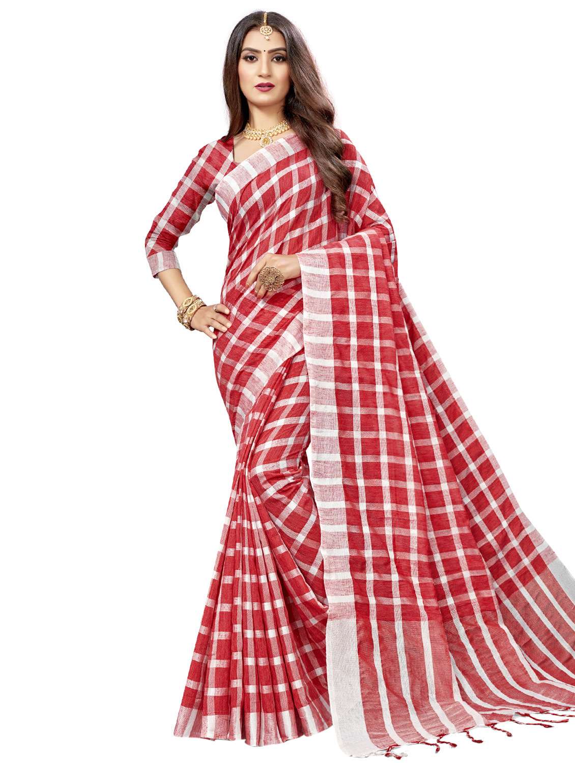 women's checks maroon colored saree with blouse