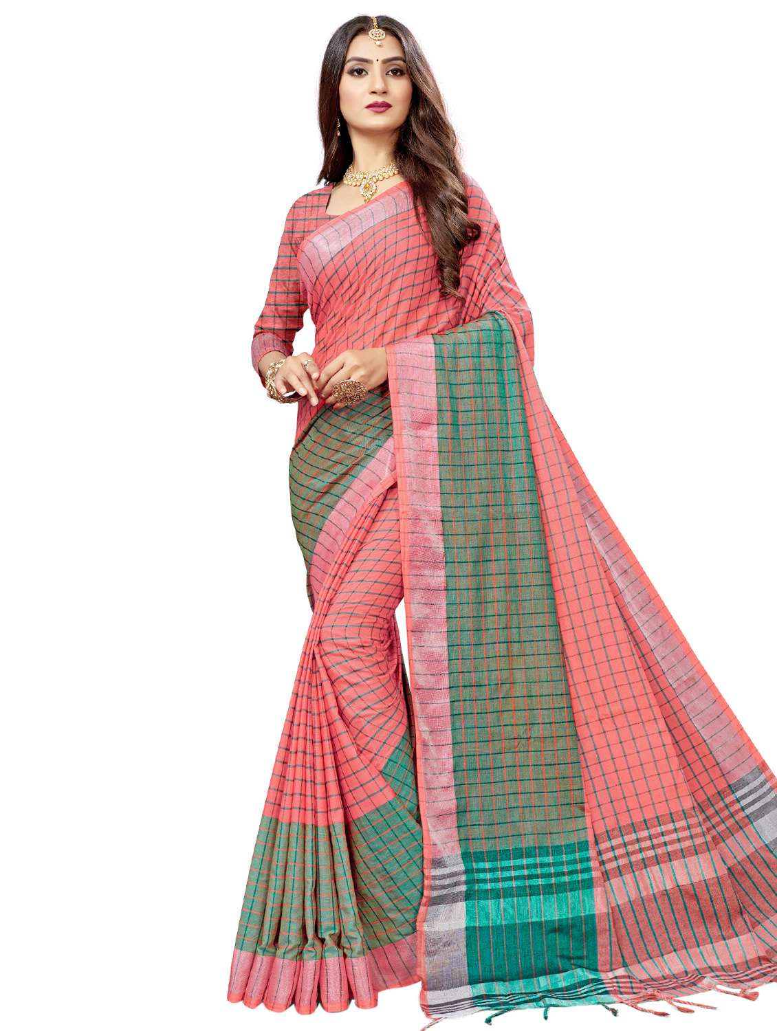women's self design peach colored saree with blouse