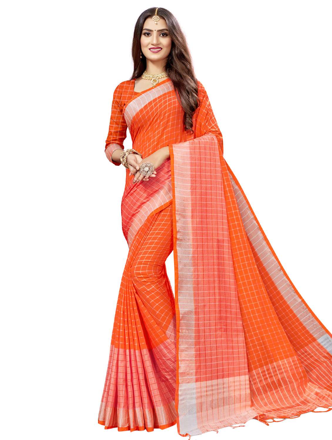 women's checks orange colored saree with blouse