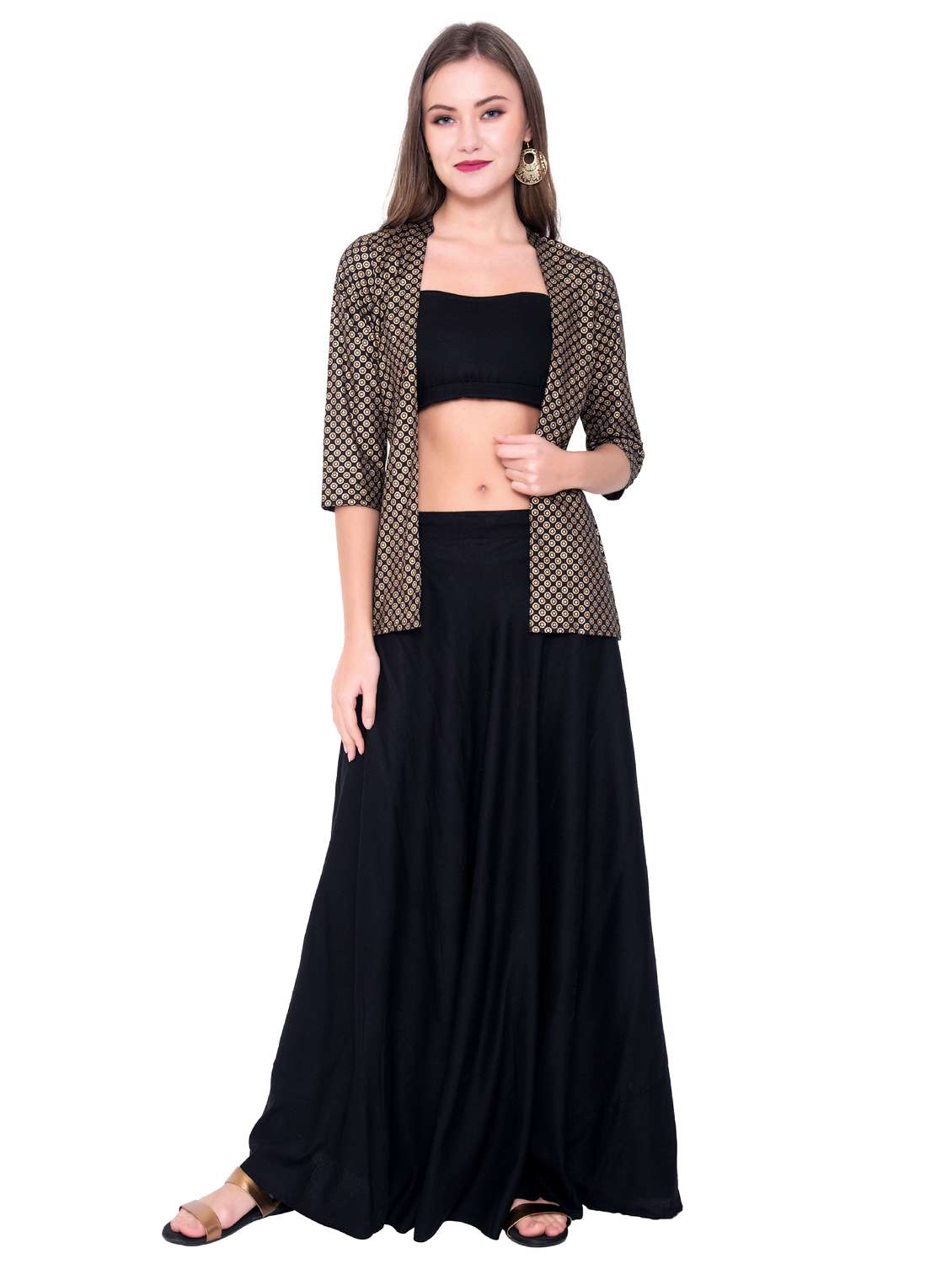 solid skirt top set with printed jacket 