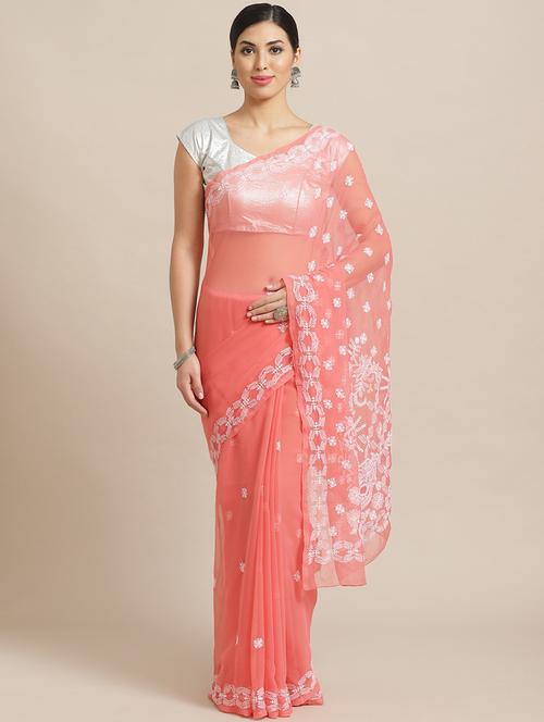 peach georgette saree with chikankari work with blouse - 17248620 - Standard Image - 0