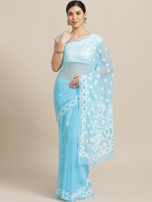 sky blue color georgette chikankari worked saree with blouse - 17248627 -  Standard Image - 0