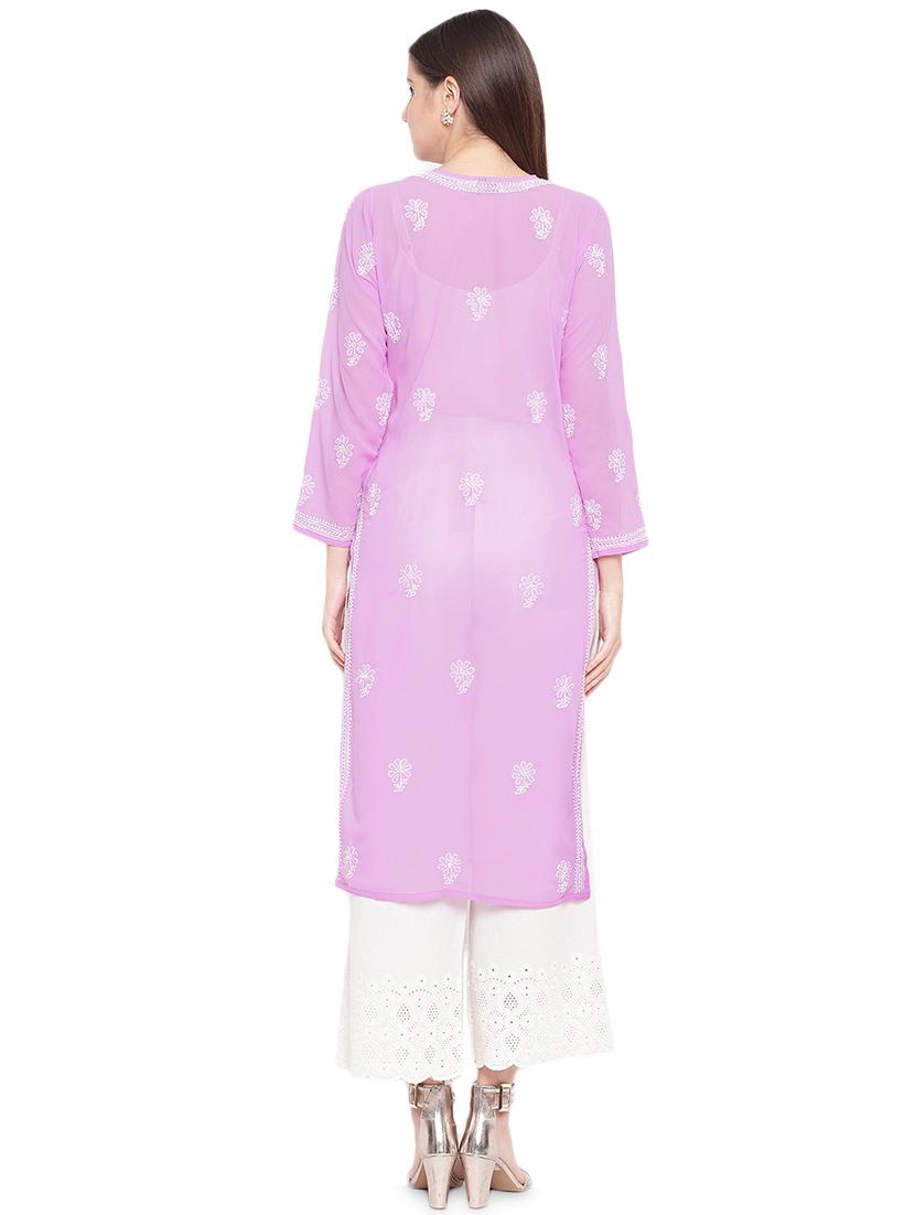 levender knee length georgette women chikankari straight kurta - 17257932 - Standard Image - 2