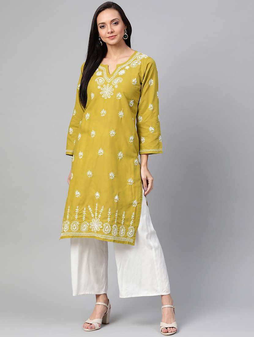 mustard color cotton knee length chikankari kurta