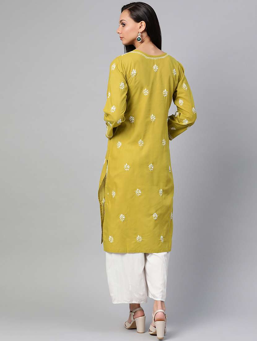 mustard color cotton knee length chikankari kurta - 17258780 - Standard Image - 2