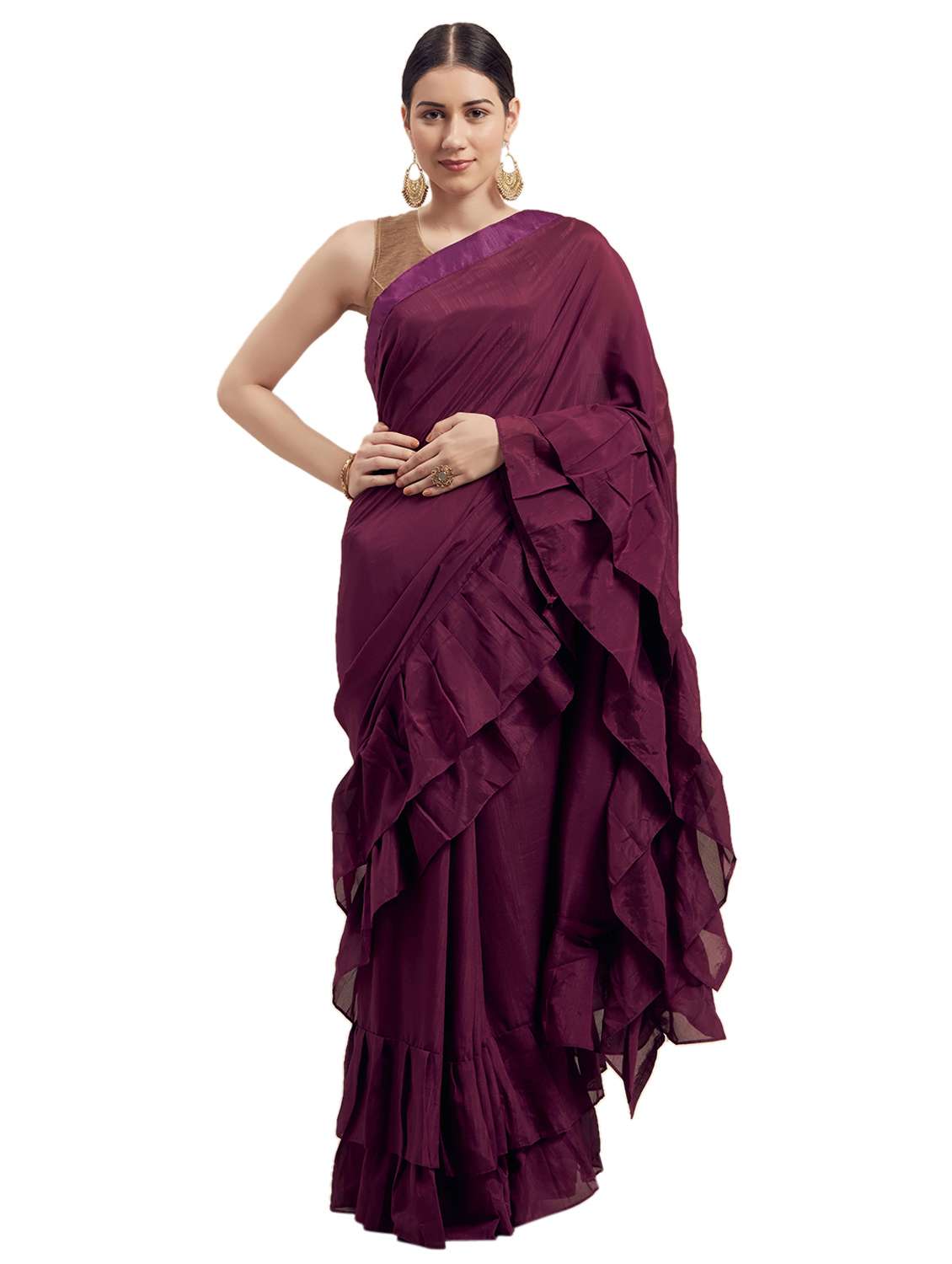 ruffle solid plain saree with blouse