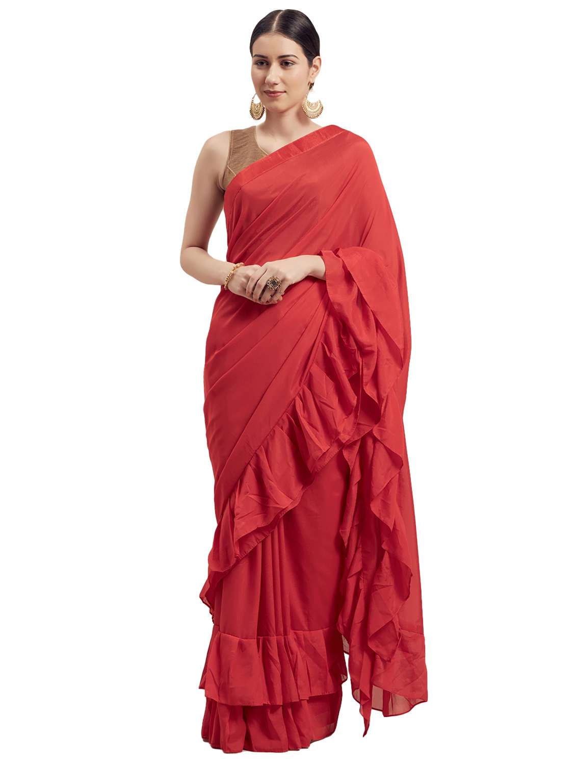 ruffle solid plain saree with blouse