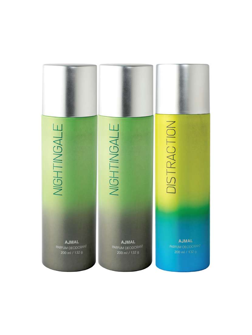 ajmal 2 nightingale & distraction deodorant pack of 3 deodorants 200ml each (total 600ml) for unisex+ 4 parfum testers
