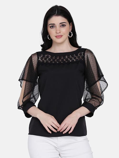 women black lace detailed regulur fit boat neck top - 17272459 - Standard Image - 0