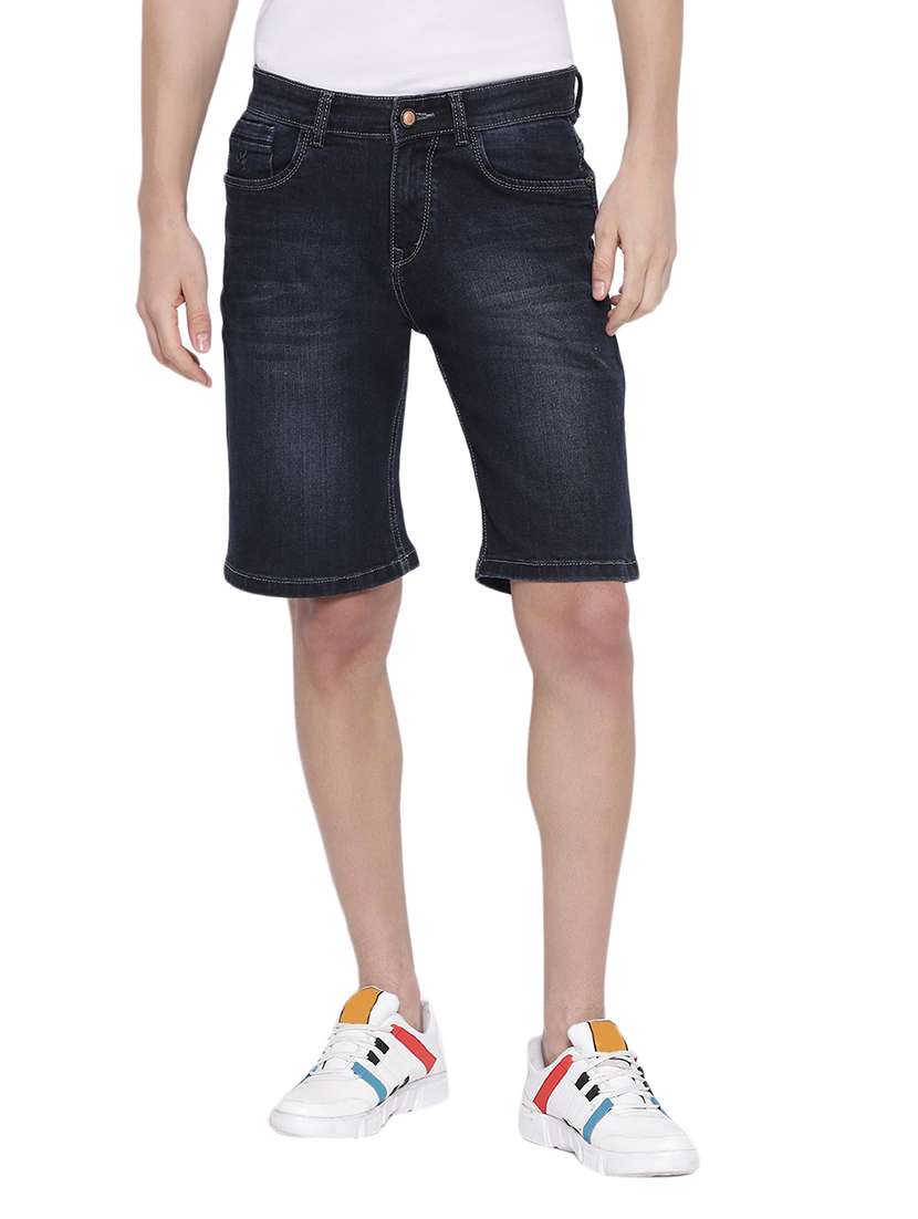 navy blue washed denim shorts