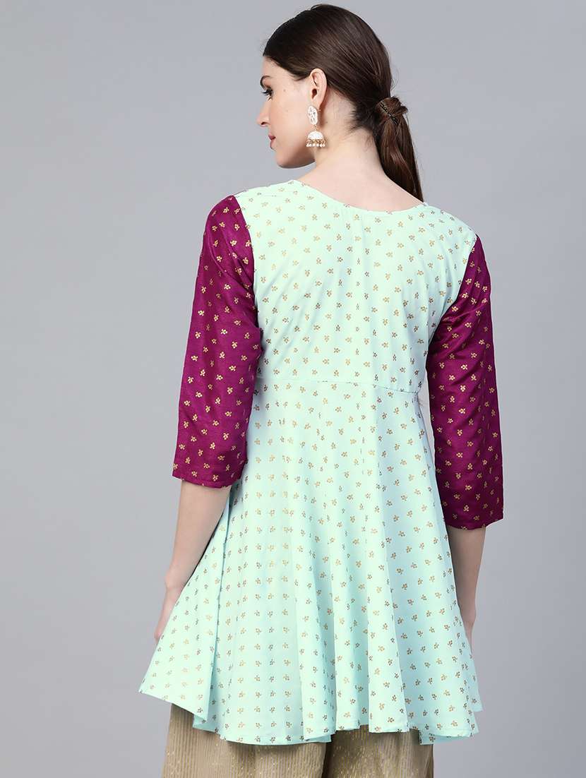 contrast yoke gold print flared kurti  - 17282479 -  Standard Image - 2