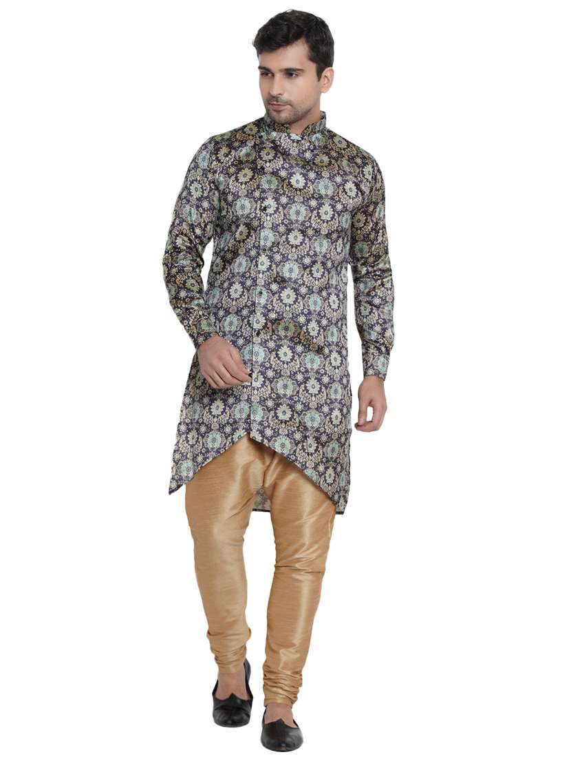 blue printed silk blend asymmetric kurta