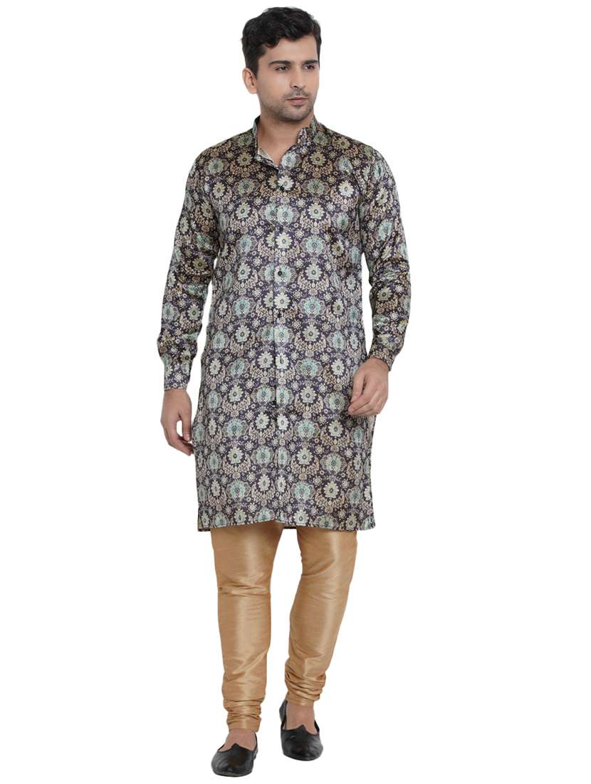 navy blue printed silk blend long kurta